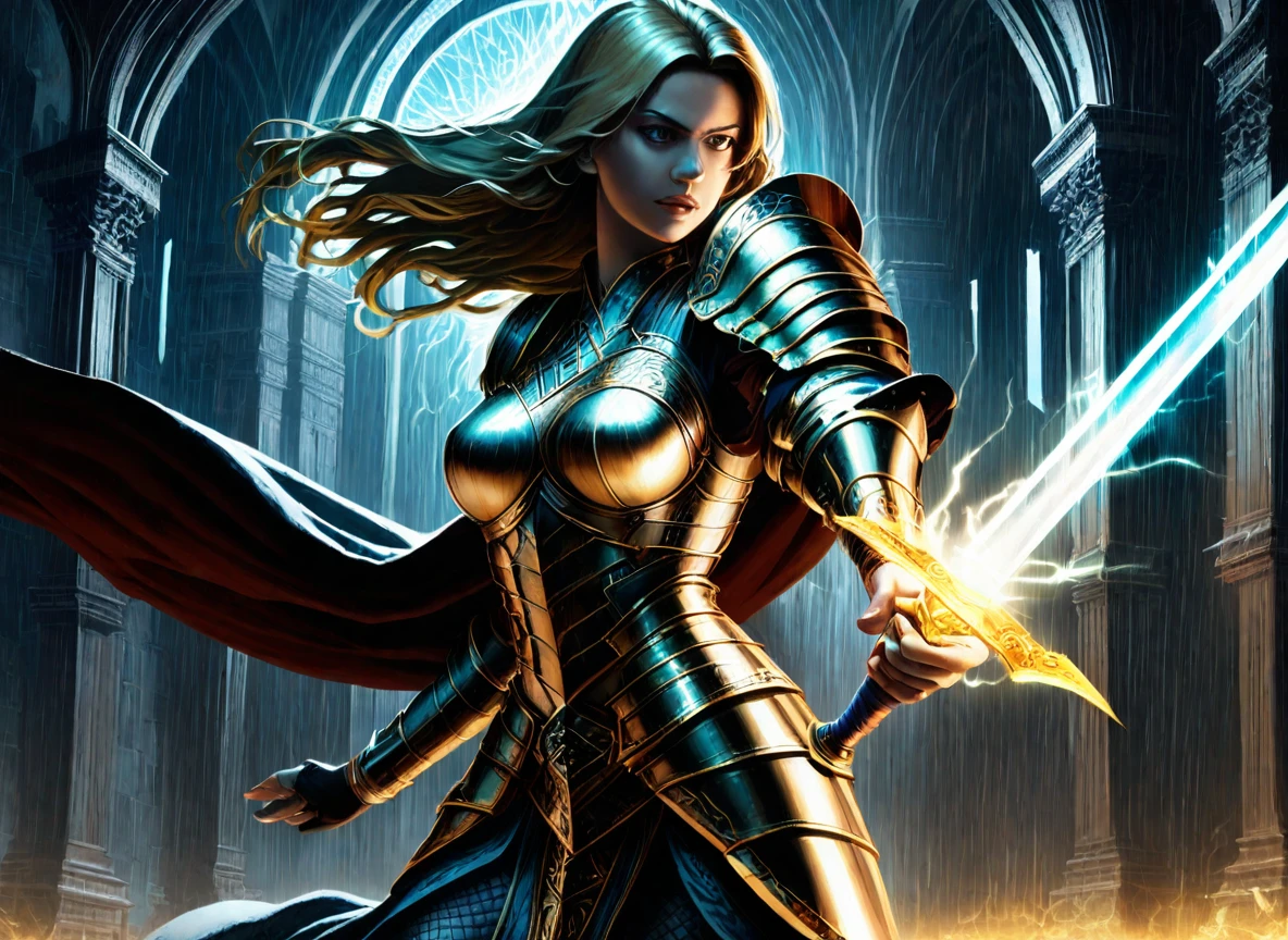 anime, fantasy, 1girl, holding sword, one-handed, casting spell, ornate sword, glowing sword, action, ornate armor, rain, lightning