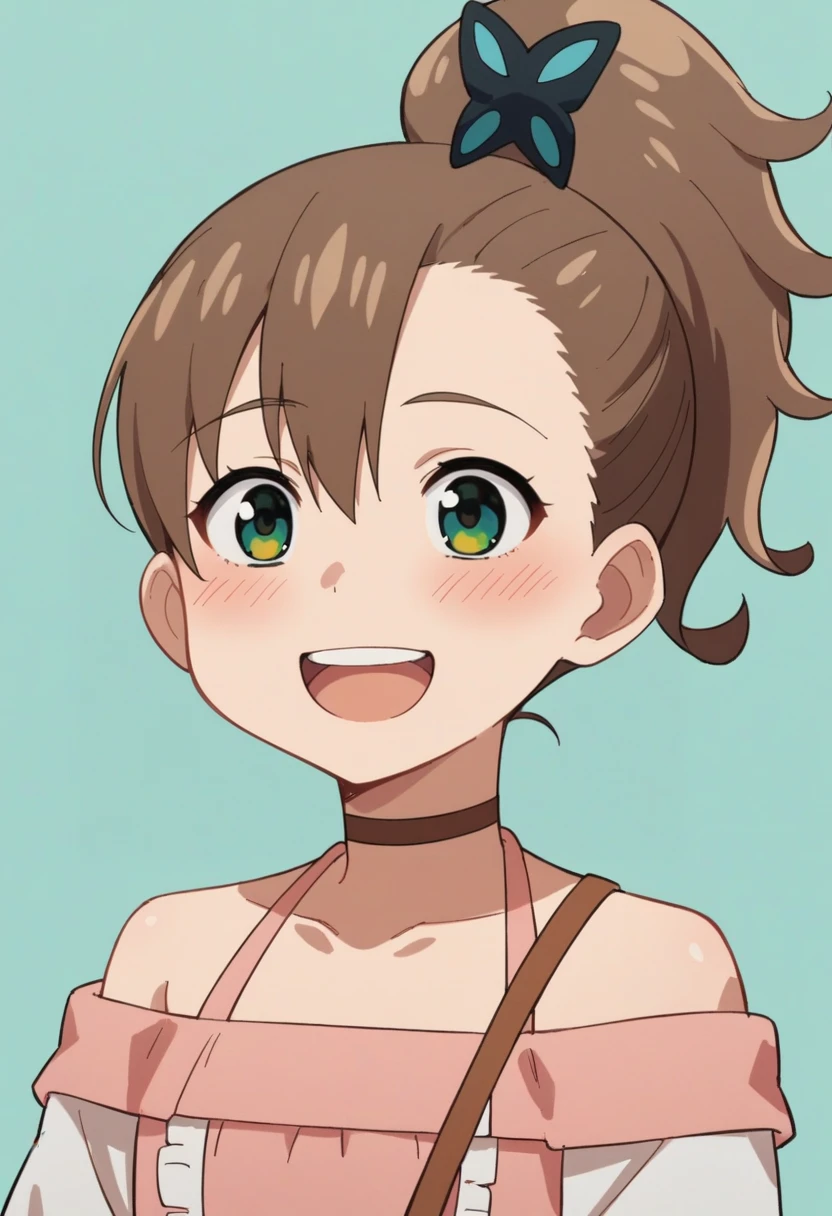 score_9, score_8_up, score_8, source_anime, 1girl, <lora:RinneInabav2:0.85> young girl, flat chest, sidetail hair, brown hair, green eyes, blush, brown choker, pink dress, white sleeves, butterfly hair ornament, upper body, laugh, happy,
simple background