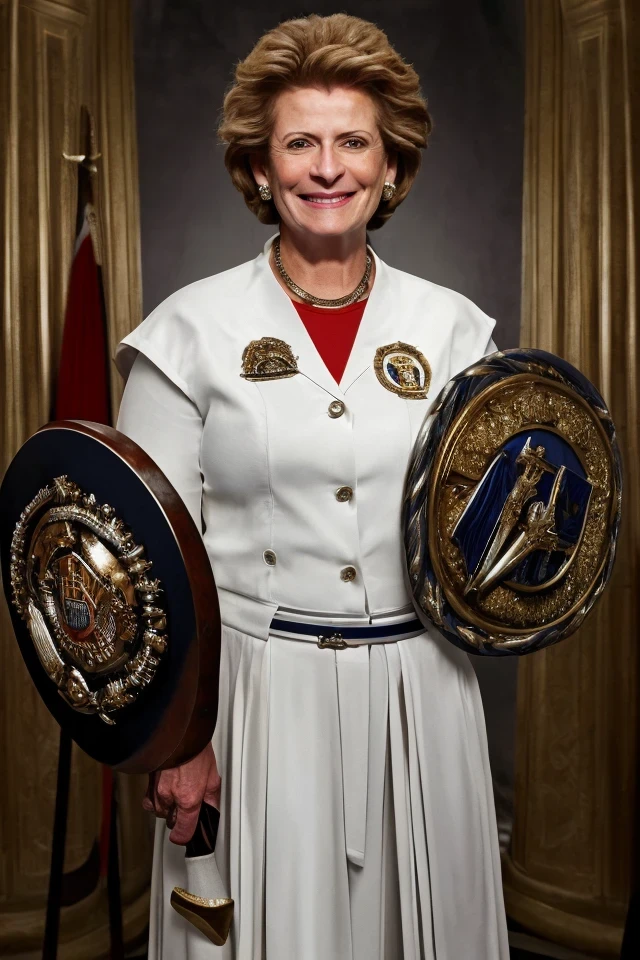 debbie stabenow <lora:senate_043_debbie_stabenow:0.65> , face closeup, face focus, shirt, formal, suit, collared shirt, white shirt, jacket,
Wearing gladiator armor, standing in a Roman-style coliseum, holding a sword and shield with the Senate emblem on it,
best quality, masterpiece, HDR, professional, studio quality, highres,