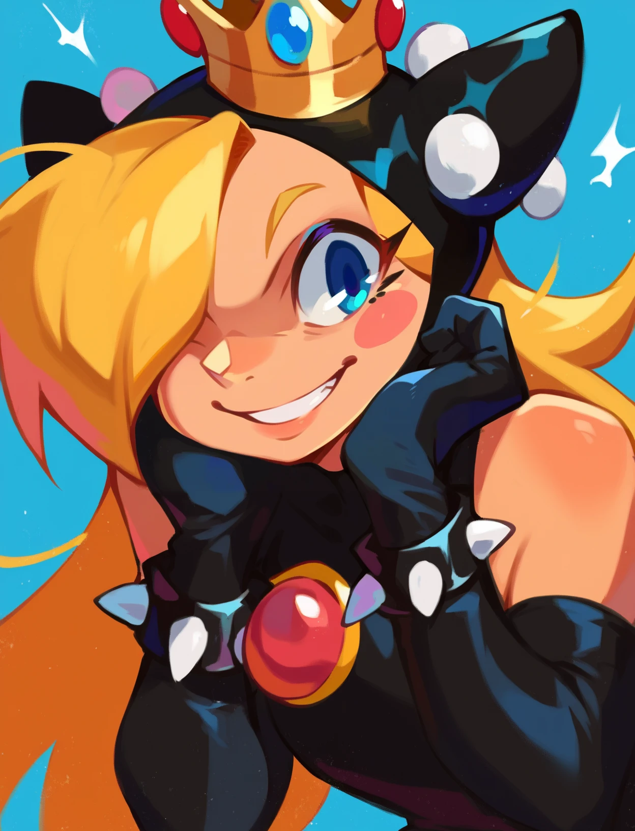 score_9, score_8_up, score_7_up, score_6_up, score_5_up, 1girl, <lora:[v0.1]_walpeach:1> walpeach, blonde hair, hair over one eye, long hair, blue eyes, blush stickers, black dress, elbow gloves, black gloves, spiked bracelet, black headgear, blue background, smile, crown, close-up, 
<lora:Khyleri_EXL:0.75>