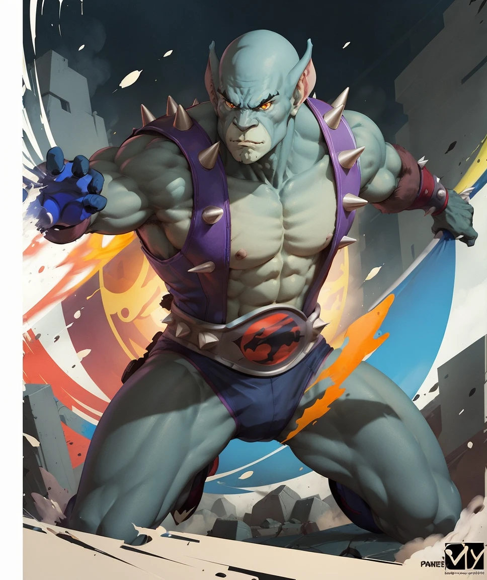 anime artwork   <lora:quiron_Panthro_v3_Lora:0.87> PanthroQuiron, Panthro,  1boy, yellow eyes, pointy ears, bald, spikes,  fighting pose,  graphic illustration, . anime style, key visual, vibrant, studio anime, highly detailed