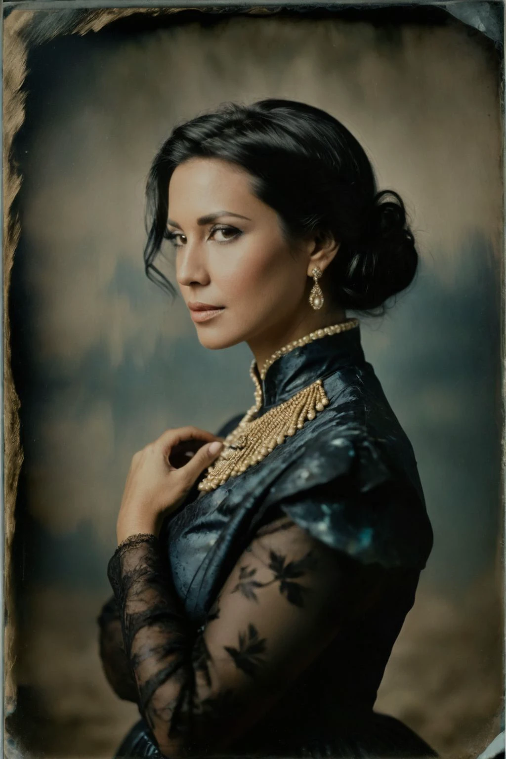 (wetplatecollodion:1.2),
vintage photograph,
a latin woman wearing royal costume, elegant, elbows out,
silhouette, nature,
selective focus, smears, washed out
<lora:Wet Plate Collodion_SDXLBase-v2:0.8>
<lora:fix_hands:1>