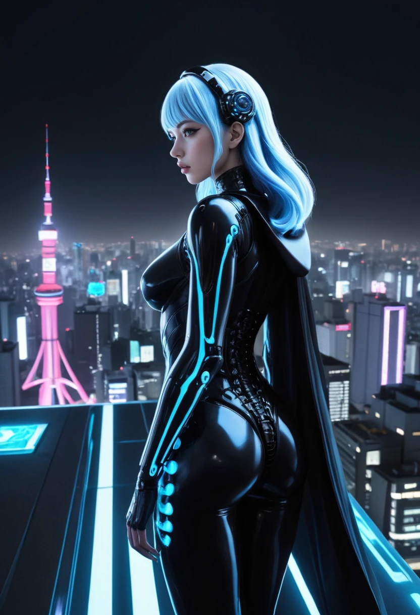The young woman was frozen in place, her eyes staring straight ahead as if hypnotized by something in the distance. Her cybernetic arms were extended, grasping onto something unseen but definitely felt, like tentacles holding on to a hidden world.
Her biomechanical body was sleek and streamlined, with glowing blue circuitry pulsing beneath her skin. She was dressed in tight black leather, accentuating every curve and angle of her biomechanical frame. Her hair flowed around her head like a cybernetic cape, as if the wind were constantly blowing it back.
She stood on a rooftop in downtown Tokyo, looking out at the cityscape beyond. The neon lights and towering skyscrapers gave way to the stars above, creating a surreal contrast that seemed to hypnotize her even more.
The only sound was the soft hissing of her cybernetic breathing as she stood there in her nanopunk glory, lost in a world beyond our own., 3d render, anime, (&:0)
