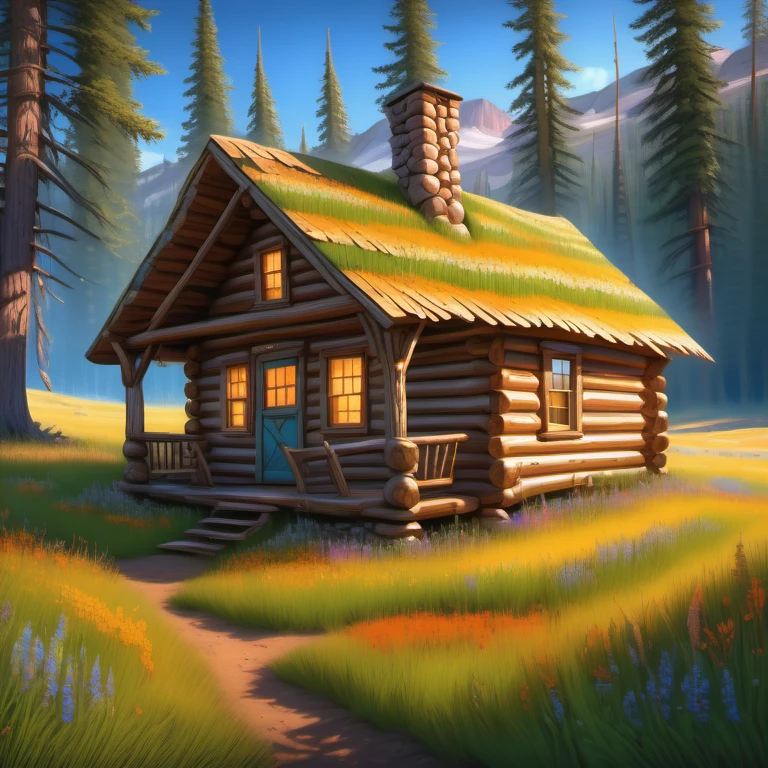 A sod-roofed cabin, its earthy exterior covered in grasses and wildflowers, camouflaged within a meadow., log_cabin, exterior, <lora:Wolvie_LogCabin_SDXL_v1.1:1>, colorful, saturated, textured, luminism, ultra highly detailed, 32k, fantastic realism, complex background, dynamic lighting, highly detailed, intricate, painting