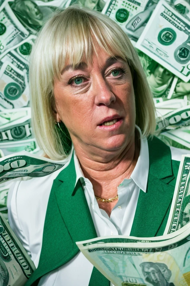 patty murray <lora:senate_093_patty_murray:0.65> , face closeup, face focus, shirt, formal, suit, collared shirt, white shirt, jacket,
green suit, dollars, money, bills, green banknotes flying,
best quality, masterpiece, HDR, professional, studio quality, highres,