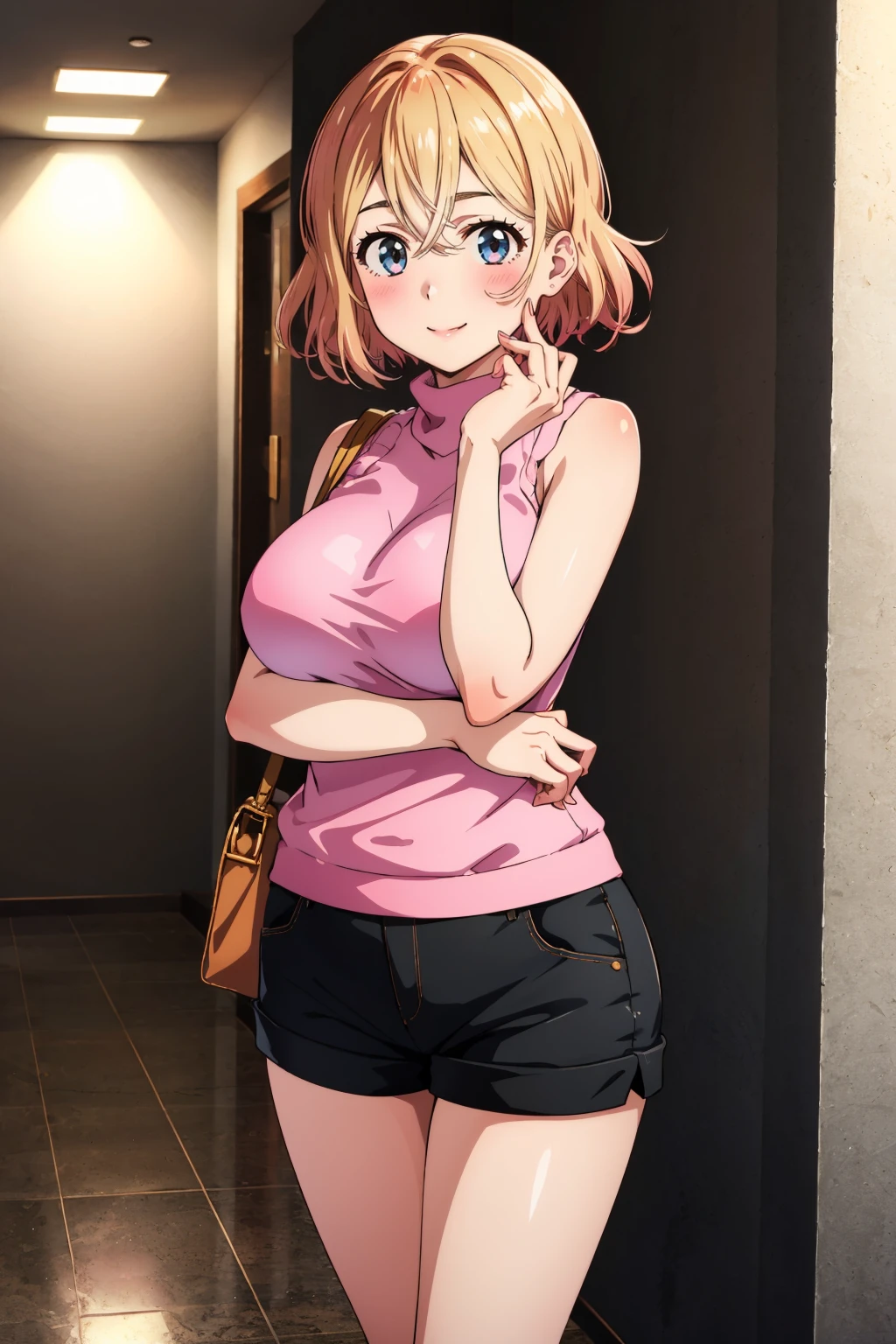 masterpiece, best quality, 1girl, <lora:nanamimami-nvwls-v1-000009:0.9> nanamimami, sleeveless, pink sweater, turtleneck, large breasts, looking at viewer, black shorts, looking at viewer, hallway, smile