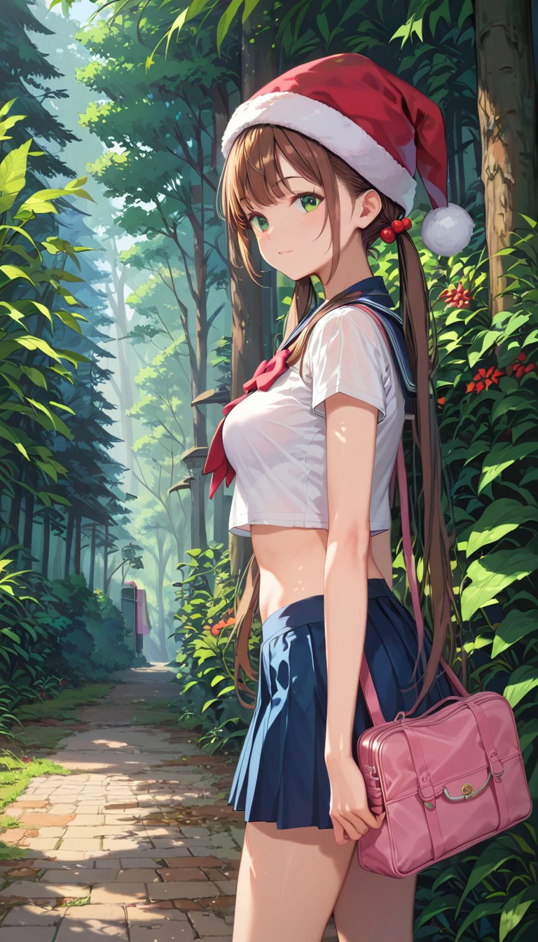 score_9, score_8_up, score_7_up, masterpiece, absurdres, forest, sidewalk, trees, 1girl, close up, schoolgirl, green eyes, brown hair, long twintails, from behind, side view, midriff, pink bag, santa hat, breasts, expressive eyes,