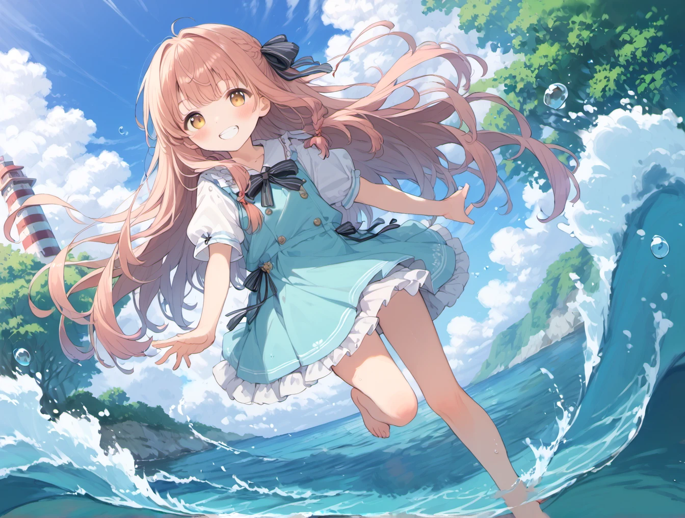 score_9, score_8_up, score_7_up,source_anime,BREAK uncensored,1girl, solo, cute girl,grin,girl enjoying herself at the water's edge, taking off her shoes and standing barefoot, Capture the serenity of a quiet coastline, with gentle waves, a lighthouse, and a calming atmosphere,dutch angle,fisheye,Horizon