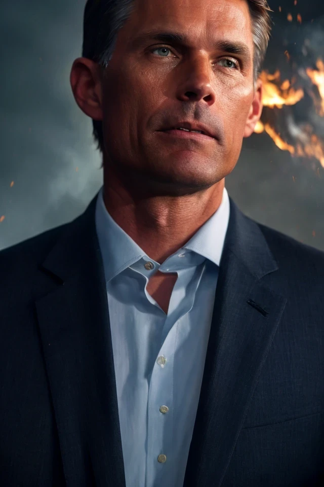 martin heinrich <lora:senate_061_martin_heinrich:0.65> , face closeup, face focus, shirt, formal, suit, collared shirt, white shirt, jacket,
explossion in the background, fire and smoke, movie poster,
best quality, masterpiece, HDR, professional, studio quality, highres,