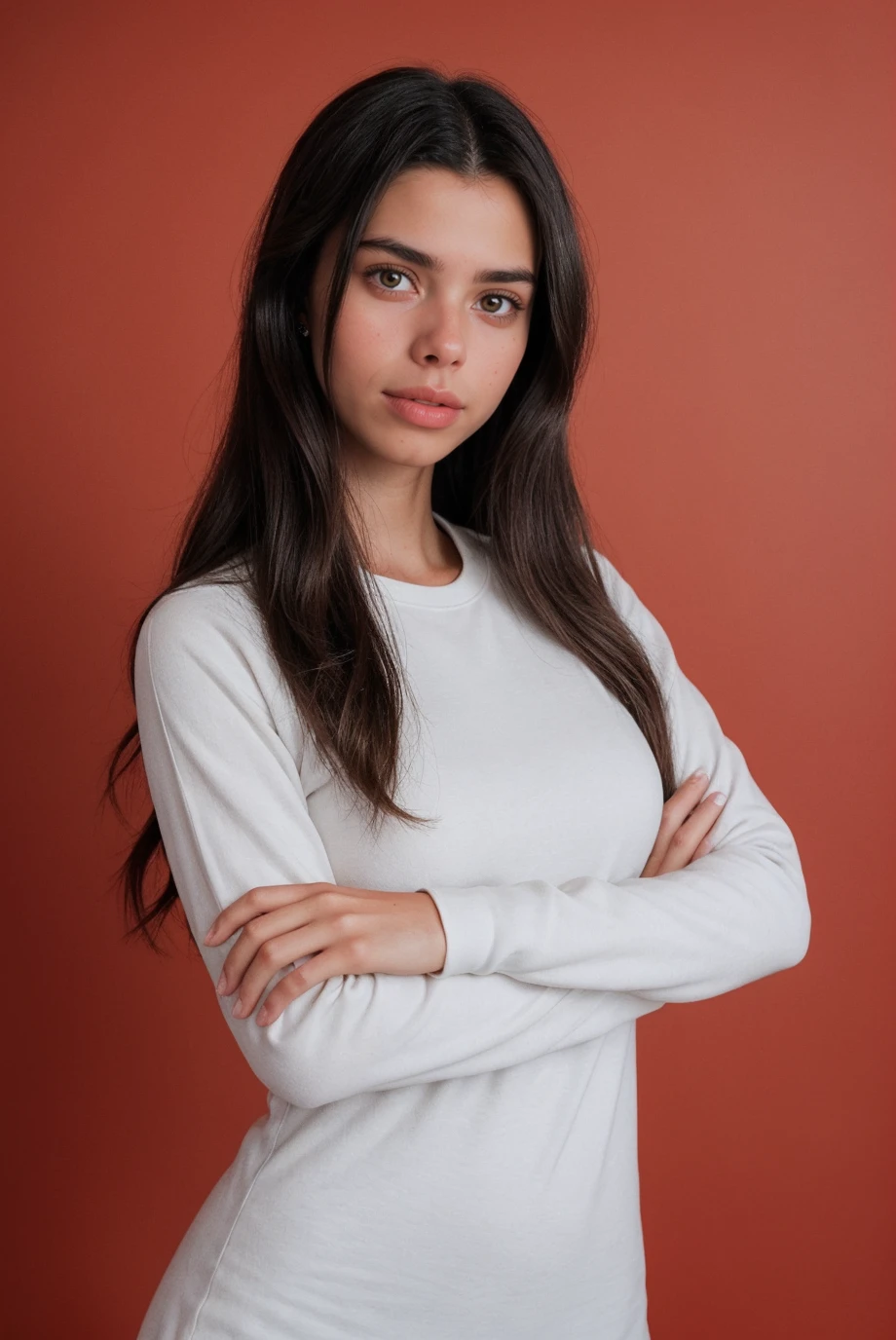 photo of a 0ER0_Darla_Claire woman, wearing a long sleeve, red background, RAW photo, 8k UHD, soft lighting, high quality, film grain, Fujifilm XT3, 16mm, color graded portra 400 film, remarkable color, remarkable detailed pupils