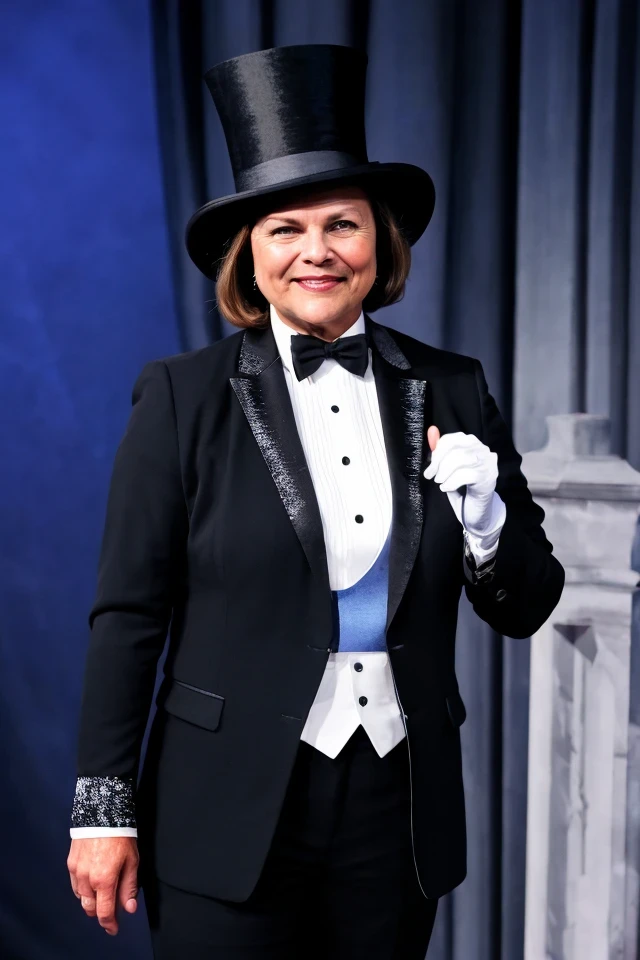 deb fischer <lora:senate_053_deb_fischer:0.65> , face closeup, face focus, shirt, formal, suit, collared shirt, white shirt, jacket,
Dressed in a magician's outfit with a top hat, standing in front of a stage, rabbit out of a hat,
best quality, masterpiece, HDR, professional, studio quality, highres,