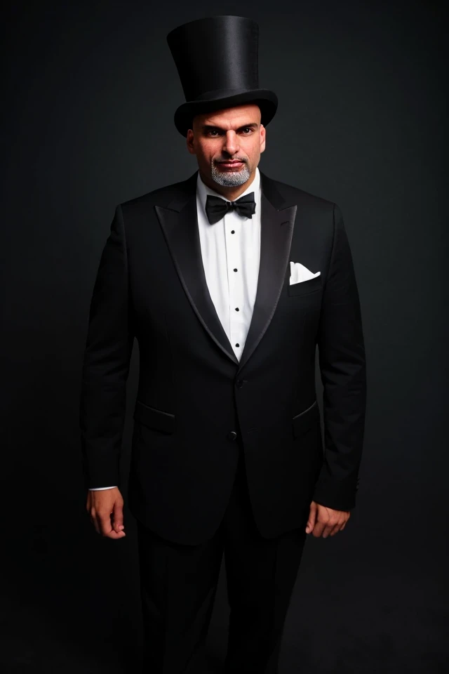 john fetterman <lora:senate_076_john_fetterman:0.65> , face closeup, face focus, shirt, formal, suit, collared shirt, white shirt, jacket,
Dressed in a magician's outfit with a top hat, standing in front of a stage, rabbit out of a hat,
best quality, masterpiece, HDR, professional, studio quality, highres,