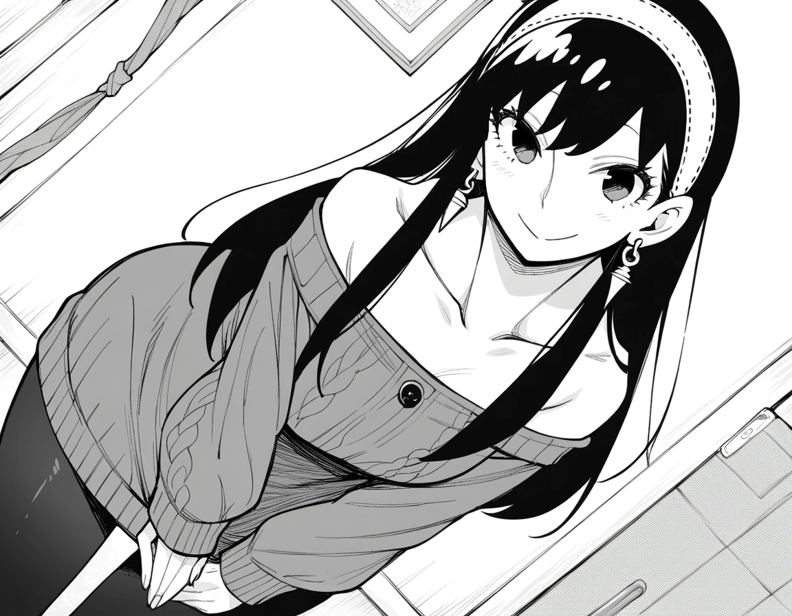 score_9, score_8_up, score_7_up, source_anime,
yorbriar, <lora:yor-briar-manga-ponyxl-lora-nochekaiser:1>,
yor briar, black hair, earrings, white hairband, hairband, long hair, sidelocks, monochrome, greyscale,
bare shoulders, collarbone, dress, long sleeves, off shoulder, off-shoulder dress, off-shoulder sweater, pantyhose, sweater, sweater dress, thighs,
indoors, smile, bent over,
looking at viewer, cowboy shot, dutch angle, solo,