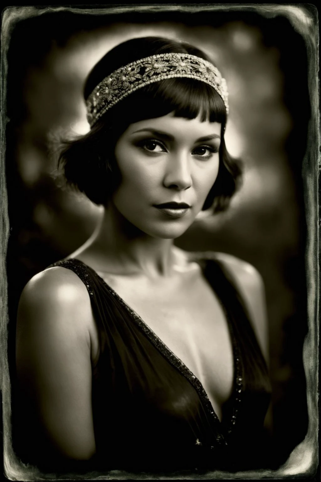 monochrome (wetplatecollodion:1.2),
a latin woman wearing flapper outfit,
elegant, elbows out, silhouette, nature,
selective focus
<lora:fix_hands:1>
<lora:Wet Plate Collodion_SDXLBase-V1:1>