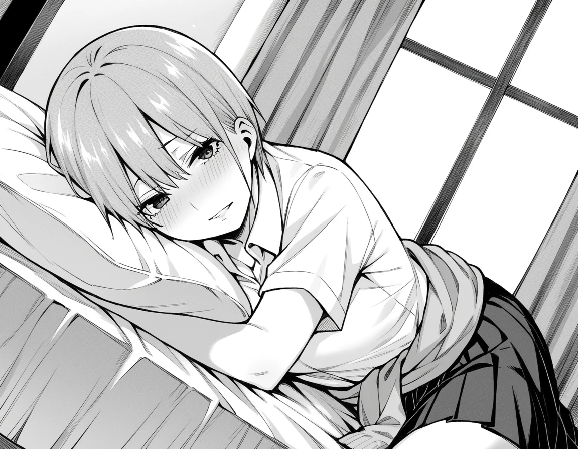score_9, score_8_up, score_7_up, source_anime,
ichikanakano, <lora:ichika-nakano-manga-ponyxl-lora-nochekaiser:1>,
ichika nakano, short hair, bangs, hair between eyes, monochrome, greyscale,
skirt, shirt, school uniform, white shirt, short sleeves, pleated skirt, collared shirt, sweater, clothes around waist,
indoors, bed, bed room, on side, blush, drunk,
looking at viewer, cowboy shot, dutch angle, solo, mature female,