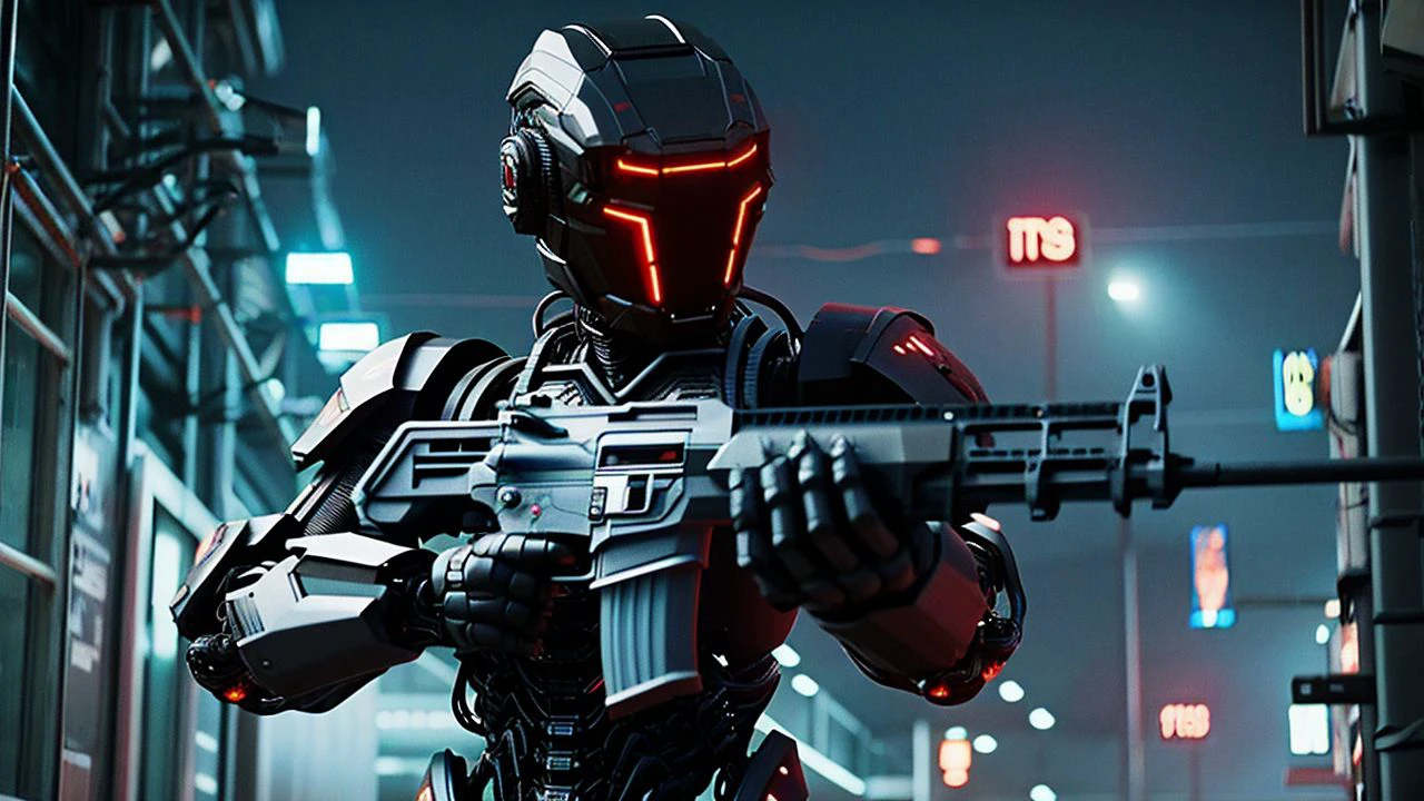 movie still of a black robot standing up aiming an assault rifle, fierce, scary, aggressive, military, lcd display face, scifi, holding futuristic gun, in a blizzard, stormy night, outdoors, android mech, wires and servos, orange markings, made out of steel armor plating, machine, bokeh, sharp focus, good quality, dark dramatic lighting, cinematic