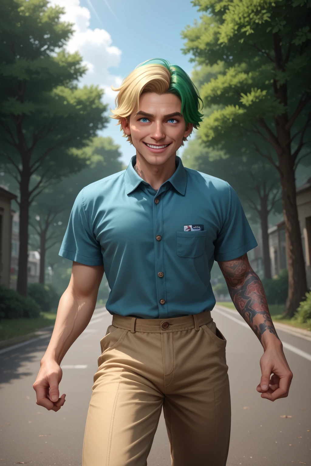 1boy, male focus, solo, smile, pokemon gym trainer Steve Irwin, australian, friendly, blonde hair, green hair, two tone hair, tattoos, snake bite piercing, short hair, closed mouth, blue eyes, collared shirt, khaki shirt, khaki pants, depth of field, outdoors, cinematic angle, dynamic pose, happy, shirt, wing collar, cinematic lighting, zPDXL PonyXLV6_Scores