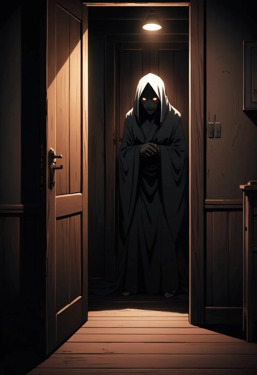 A dimly-lit room with a heavy wooden door closed tightly, an eerie silence prevailing except for occasional moans coming from within. A figure huddled in the corner, shrouded in shadows, eyes glowing with malevolence, waiting to pounce on its prey.2d, anime, (&:0)