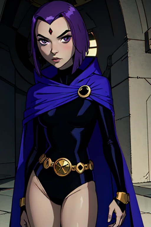 alone, 1girl, illustration of Raven from DC Comics, 1 girl, Raven, high collar, collant preto, black cloack, hooded cloak, cabelo roxo, testa jeauel, purples eyes, shorth hair, waist belt, stretched skin, standing, neckleace, toned, pose, natta , moonlights, ((posando)), motion lines, trunk, trunk, portraite, b&au. contour, in anime tarot card art style, chic, glamorous, reflection, Glow Up, shadowing, pantyhose 40 dinier, mic, dynamic angle, suggestive posing, dynamic pose, shot cowboy