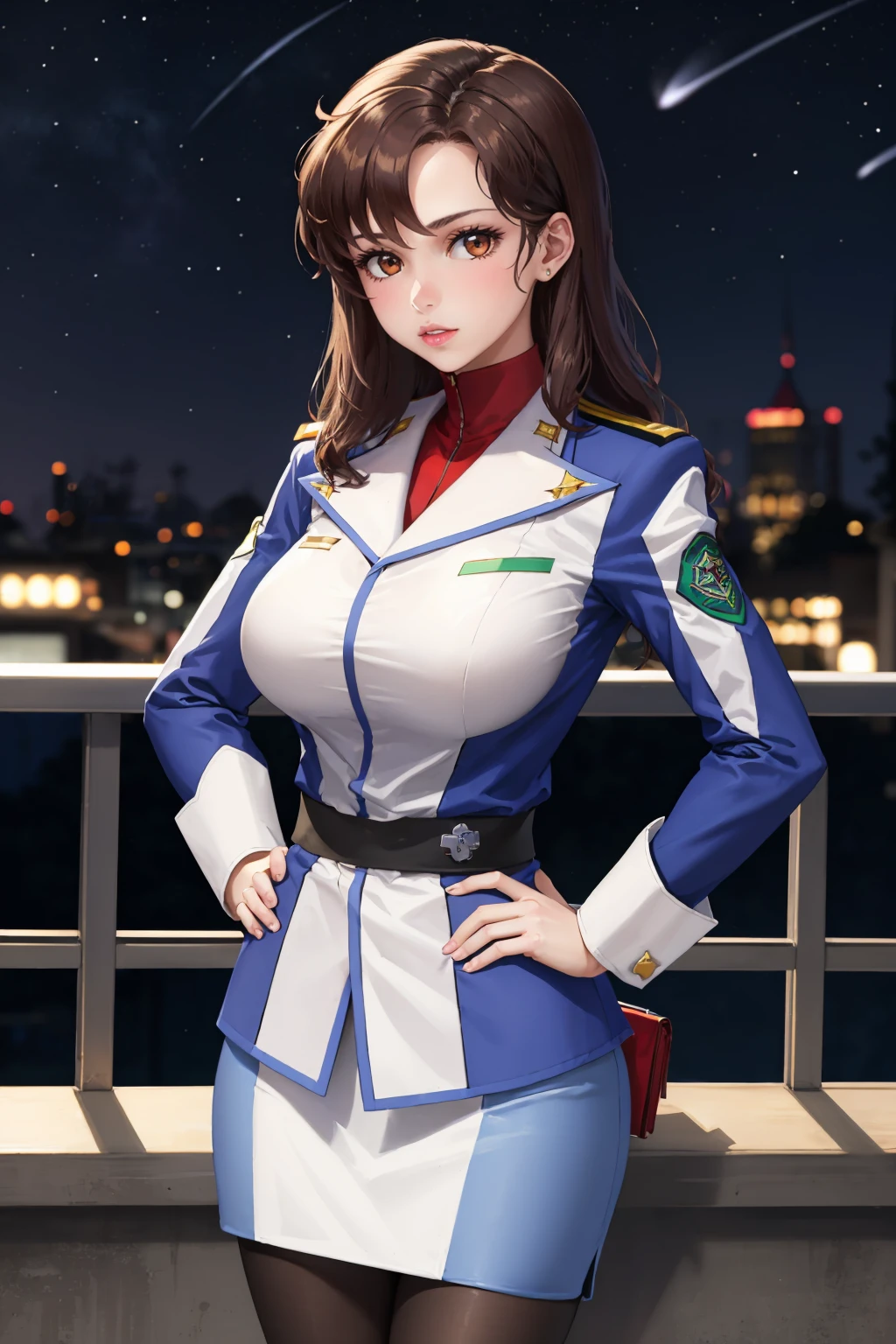 masterpiece, best quality, 1girl, <lora:murrueramius-nvwls-v1-000009:0.9> murrue ramius, white and blue jacket, blue sleeves, white skirt, pantyhose, large breasts, parted lips, hand on hip, looking at viewer, night sky