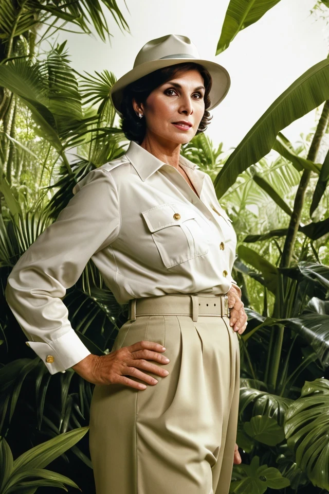 jacky rosen <lora:senate_056_jacky_rosen:0.65> , face closeup, face focus, shirt, formal, suit, collared shirt, white shirt, jacket,
Wearing a safari outfit with pith helmet, standing in a jungle setting,
best quality, masterpiece, HDR, professional, studio quality, highres,