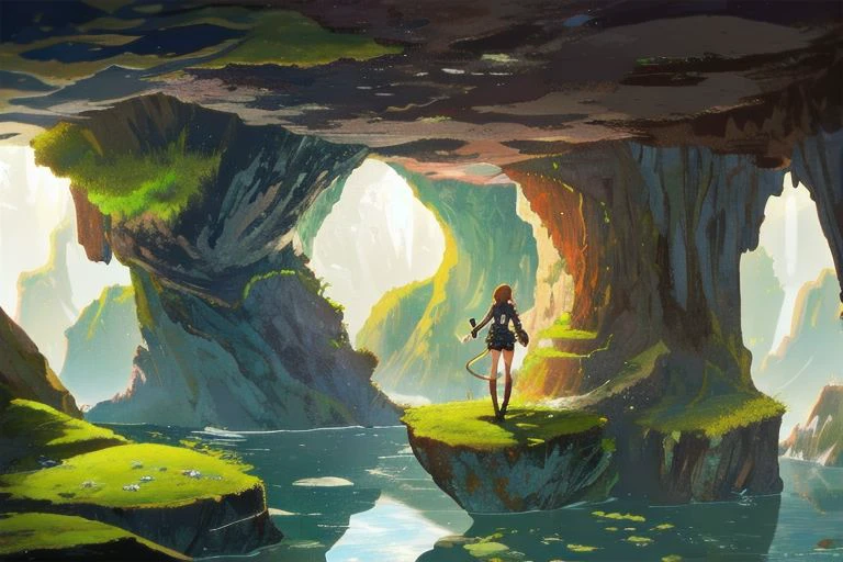 Best quality, 1girl, cave, cliff, standing on cliff, standing, wave, moss