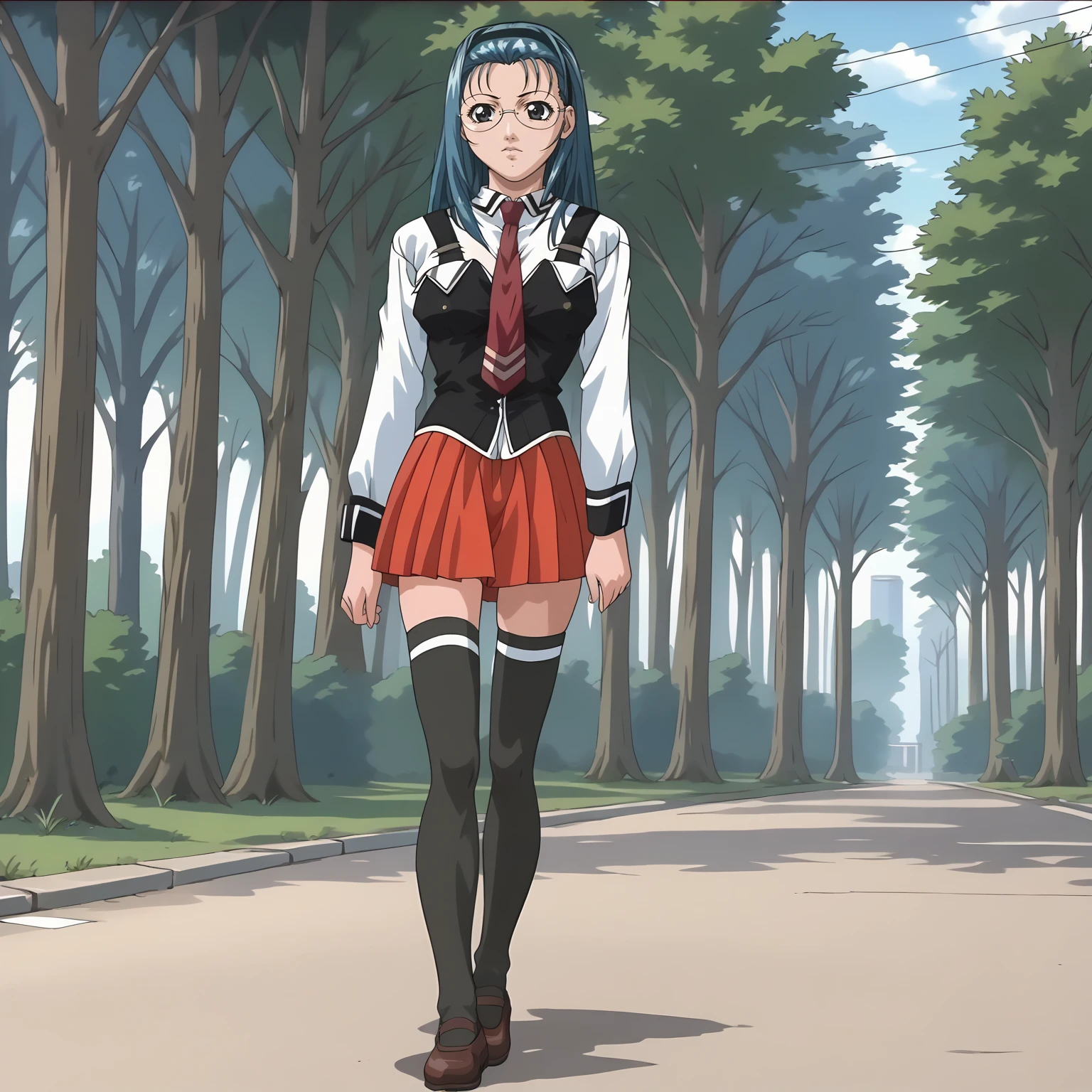 <lora:JunkoMochidaXLpony001>,
solo,
JunkoMochida,1girl,blue hair,hair band,black eyes,eyewear,
school uniform,white shirt,strap,vest,red tie,
red skirt,
thighhighs,
full body,walking,