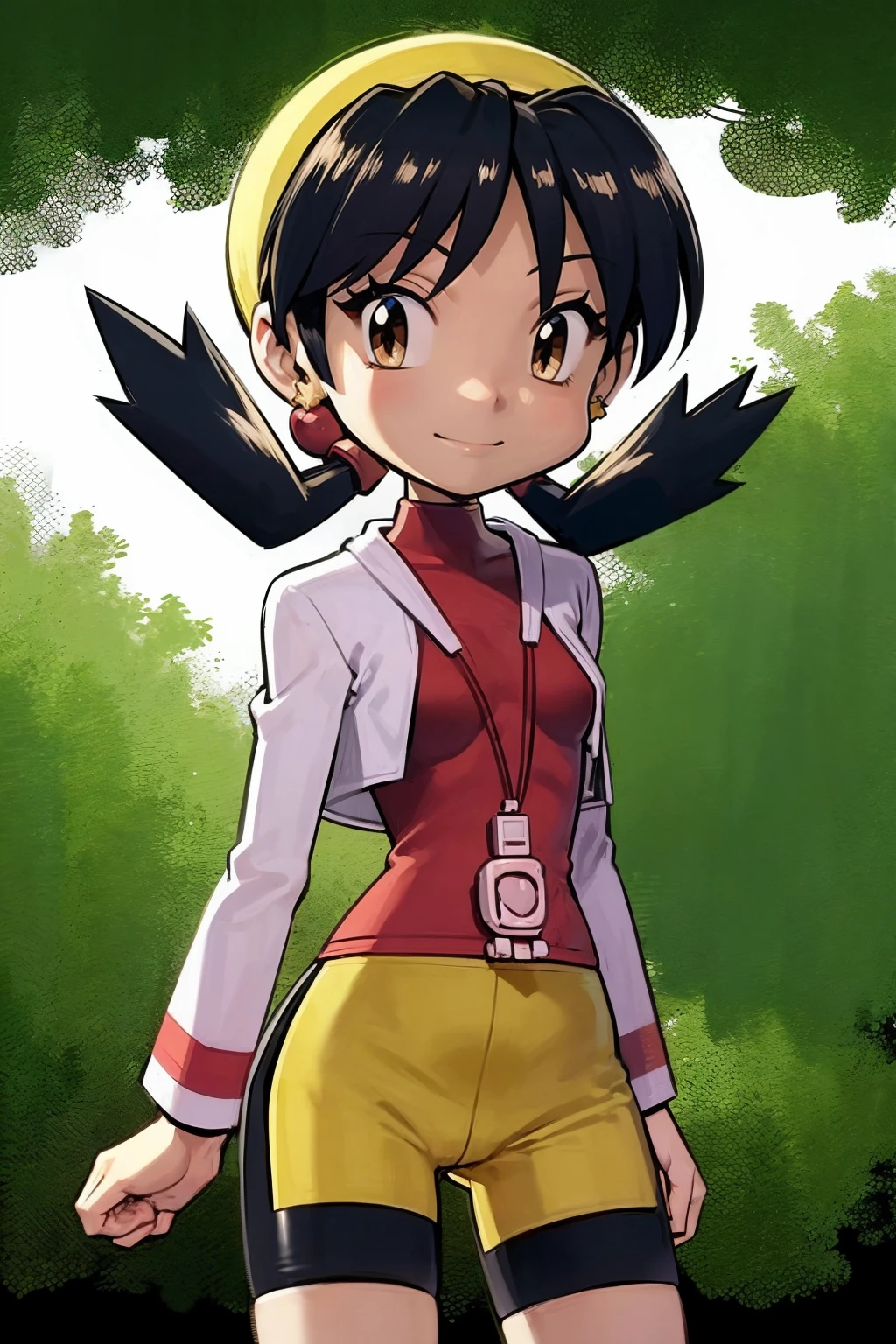 masterpiece, best quality,
1girl, kris \(pokemon\),  black hair, twintails, brown eyes, bangs, hat, cropped jacket, earrings, long sleeves, open jacket, shirt, bike shorts,
arms behind back, upper body, smile, solo, looking at viewer, trees, forest background    <lora:Crystal:1> <lora:PokemonAdventuresStyleV2:0.8>