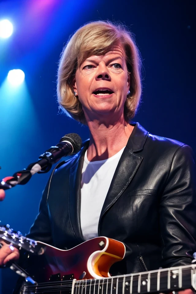 tammy baldwin <lora:senate_098_tammy_baldwin:0.65> , face closeup, face focus, shirt, formal, suit, collared shirt, white shirt, jacket,
Senate Rockstar: Dressed in leather pants, a rock band t-shirt, and sunglasses, holding an electric guitar on a stage with flashing lights and a cheering crowd in the background,
best quality, masterpiece, HDR, professional, studio quality, highres,