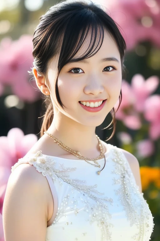 1girl,(RAW photo, best quality), (realistic, photo-realistic:1.4), masterpiece, an extremely delicate and beautiful, extremely detailed, 2k wallpaper, Amazing, finely detail, extremely detailed CG unity 8k wallpaper, ultra-detailed, highres, soft light, beautiful detailed girl, extremely detailed eyes and face, beautiful detailed nose, beautiful detailed eyes,cinematic lighting,perfect anatomy,
wearing a white peplum dress(bokeh:1.2)
at a flower park,sakura flowers,flower garden
 <lora:hondamiyuV2_lora:0.8>,smile