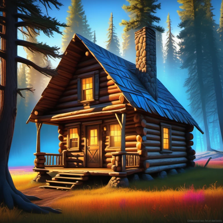 A rustic log cabin with a steeply pitched roof, its silhouette standing out against the backdrop of the wilderness., log_cabin, exterior, <lora:Wolvie_LogCabin_SDXL_v1.0e10:1>, colorful, saturated, textured, luminism, ultra highly detailed, 32k, fantastic realism, complex background, dynamic lighting, highly detailed, intricate, painting