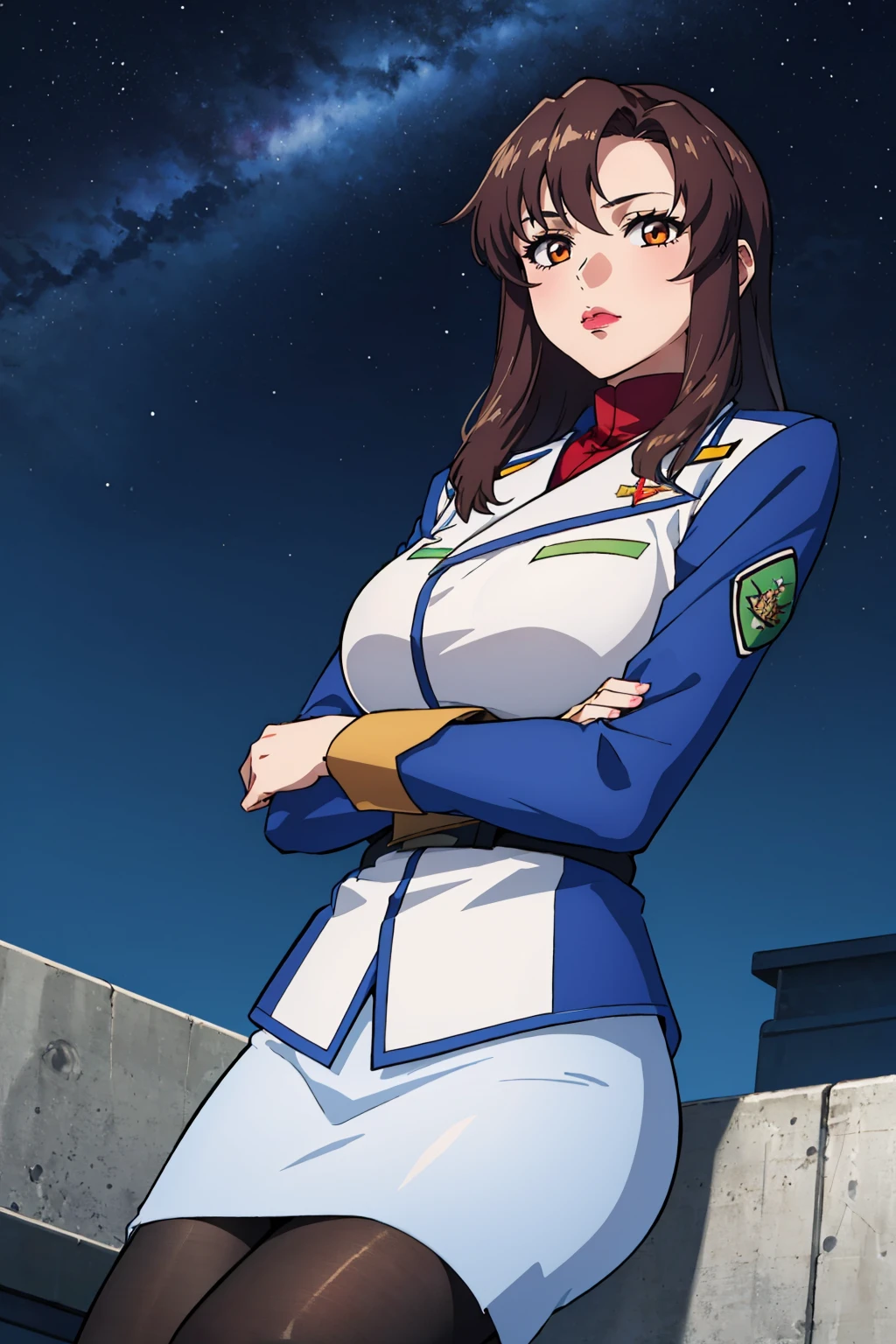 masterpiece, best quality, 1girl, <lora:murrueramius-nvwls-v1-000009:0.9> murrue ramius, white and blue jacket, blue sleeves, white skirt, pantyhose, large breasts, lipstick, crossed arms, head tilt, looking at viewer, from below, night sky