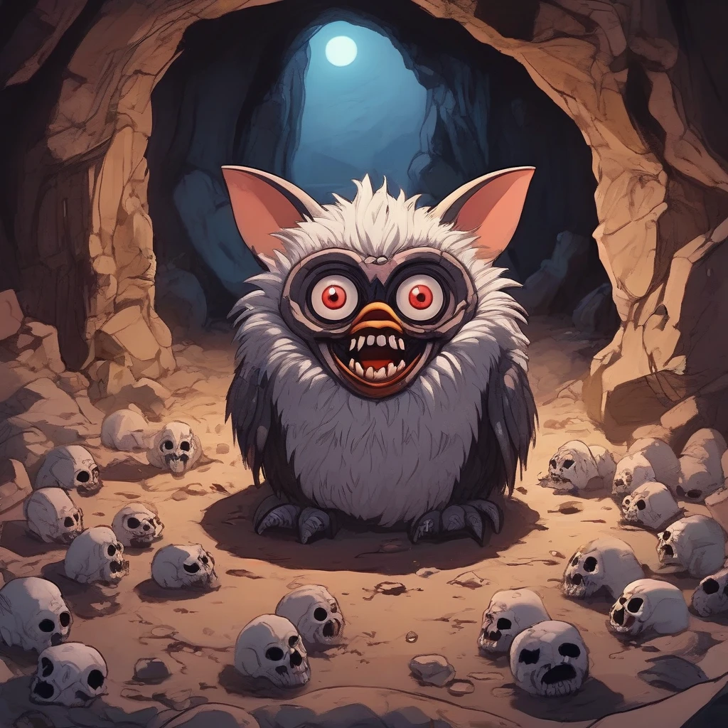 a furby toy in moebius style as a fury as a vampire with large sharp teeth, in a cave, scary, skulls and bones on the ground, good contrast, concept art,  high detail, <lora:A Furby Toy-000009:.5>