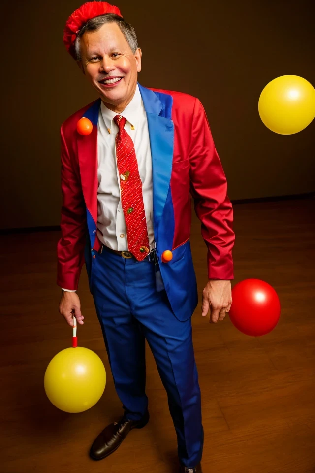 steve daines <lora:senate_052_steve_daines:0.65> , face closeup, face focus, shirt, formal, suit, collared shirt, white shirt, jacket,
Dressed in full clown regalia, with a red nose, oversized shoes, and rainbow suspenders, juggling several large balls,
best quality, masterpiece, HDR, professional, studio quality, highres,
