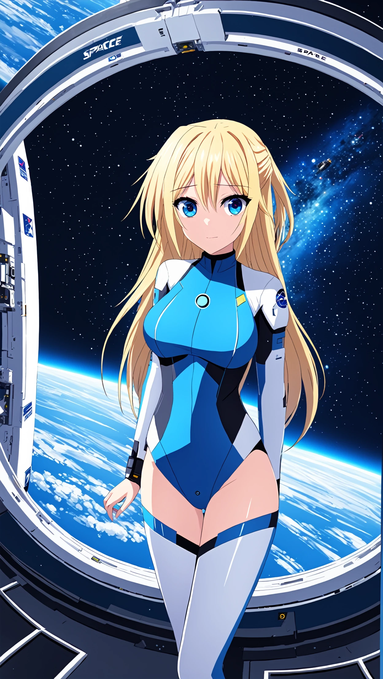 A portrait of an amazingly blonde woman with bright blue eyes, she's wearing a tight glossy blue bodysuit, standing, on a landscape on a distant planet with unusual terrain and alien lifeforms, stars and planets are shown in the sky. SCI-FI themed, SCI-FI setting.