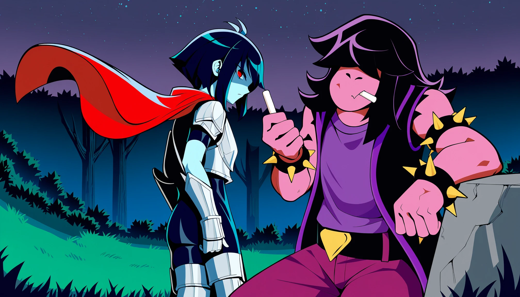 (Regional prompt) LEFT SIDE:
darkkris, illustration, black hair, 1boy, 1girl, armor, shaded face, red eye, red cape, hair_over_one_eye, (looking at viewer:1.2), night sky,  outside, trees,  masterpiece, best quality, 
RIGHT SIDE:
darksusie, illustration, 1boy, 1girl, eating chalk, spiked bracelet, spiked armlet, (looking at viewer), sleeveless jacket,belt,  outside, trees, black boots, dark hair, night sky, masterpiece, best quality, 