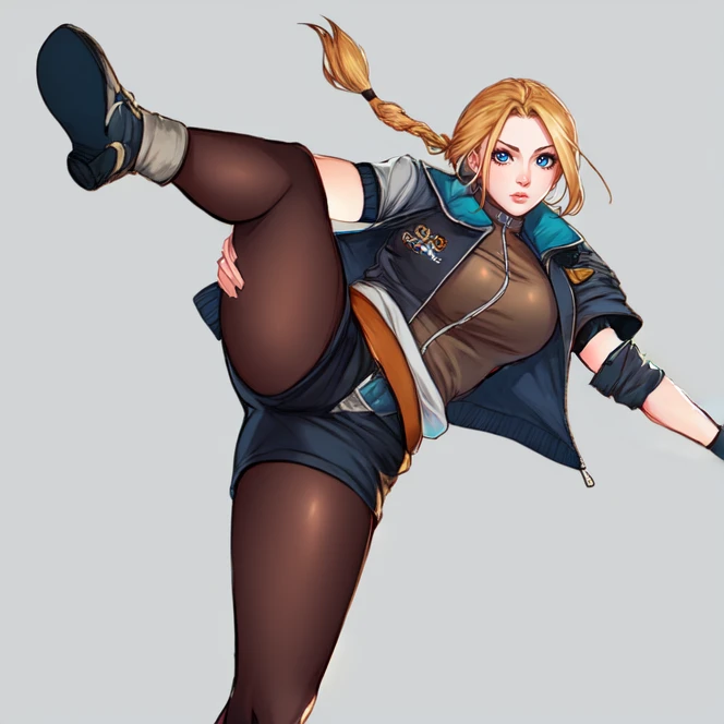 cowboy shot, solo, <lora:mirageKoas:0.7>, mirage_koas, blonde hair, long hair, braid, single braid, braided ponytail, parted bangs, blue eyes, jacket, open jacket, shirt, high collar, belt, fingerless gloves, wristbands, shorts, pantyhose, boots, simple background, kicking, combat pose, fighting, dynamic angle, motion lines, highres, Digital art, trending on artstation, best quality, insanely detailed, masterpiece, stunning environment, wide-angle,