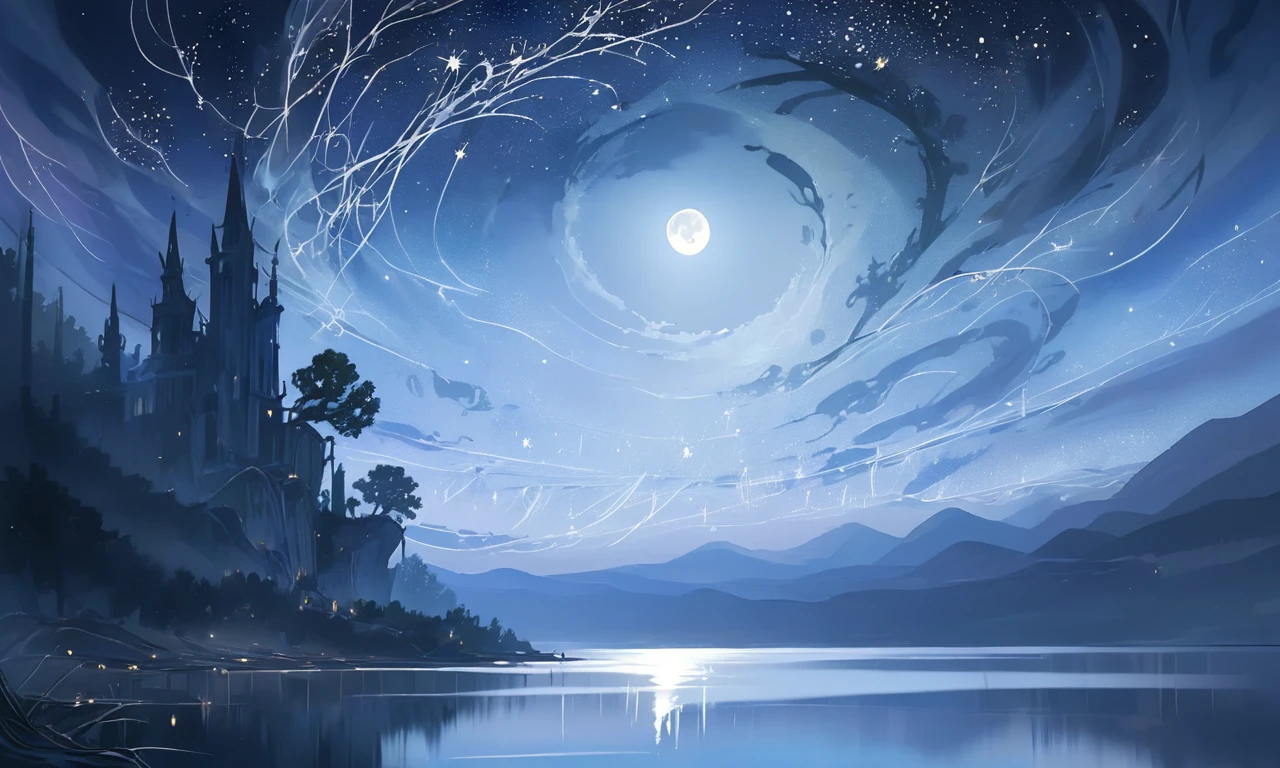 A misty lakeside at midnight, where the water reflects the moon and stars with supernatural clarity. Ethereal spirits dance across the lakeâs surface, leaving trails of shimmering light, while will-o'-the-wisps float nearby, guiding or misleading travelers. <lora:SpaceOperettaNeo_epoch_7:1>