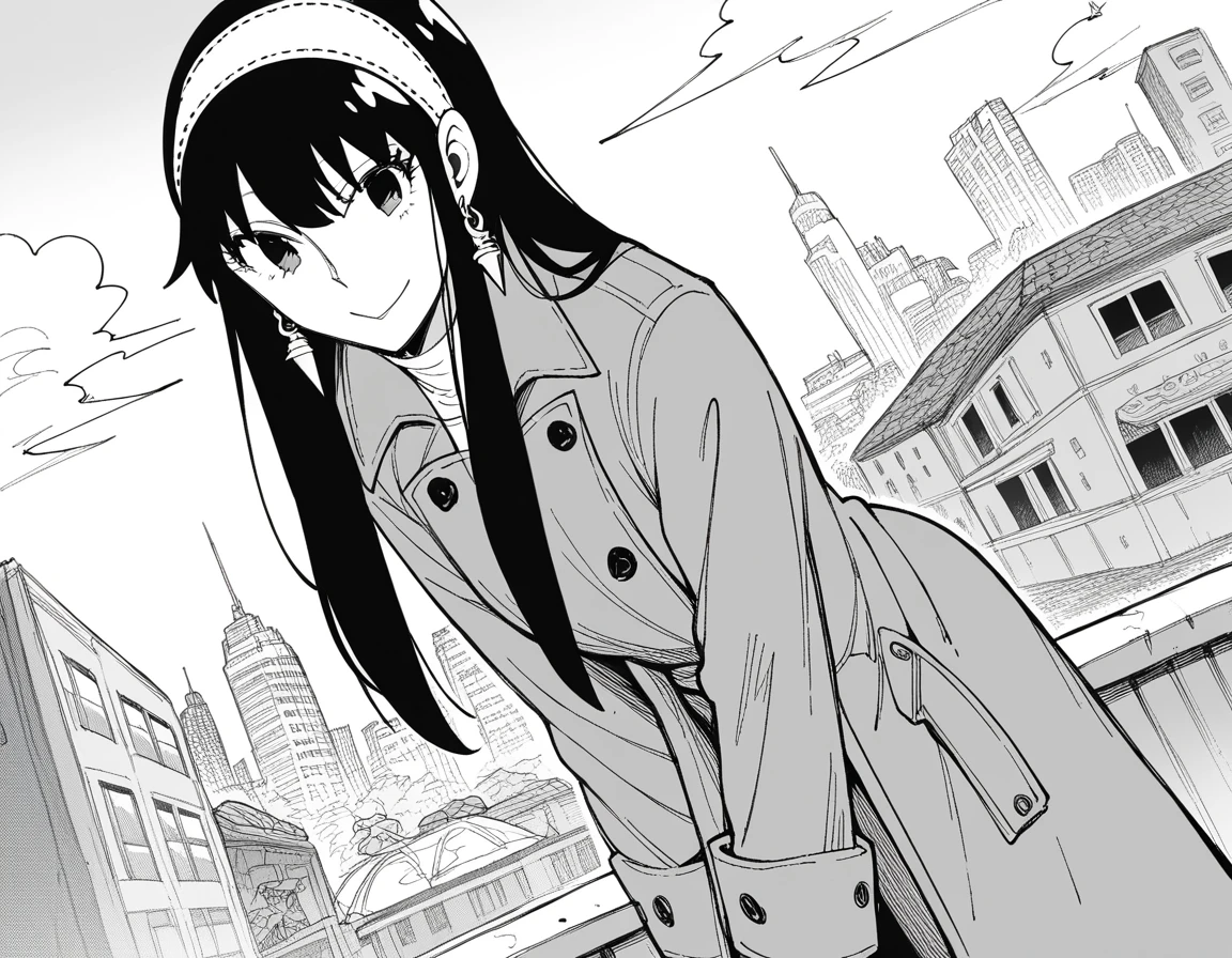 score_9, score_8_up, score_7_up, source_anime,
yorbriar, <lora:yor-briar-manga-ponyxl-lora-nochekaiser:1>,
yor briar, black hair, earrings, white hairband, hairband, long hair, sidelocks, monochrome, greyscale,
coat, trench coat,
outdoors, cityscape, smile, bent over,
looking at viewer, cowboy shot, dutch angle, solo,