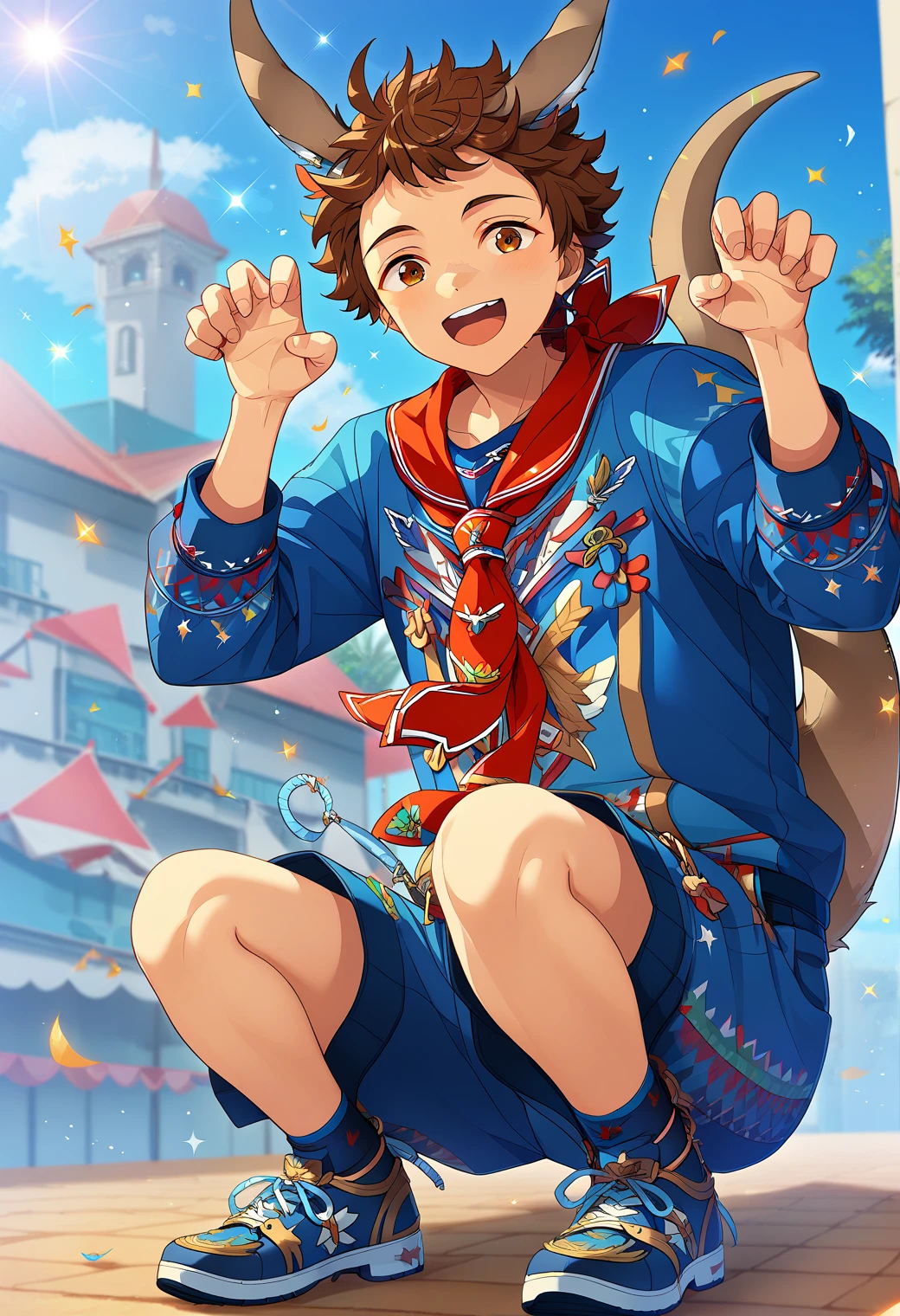 score_9, score_8_up, score_7_up, score_6_up, score_5_up, score_4_up, best quality, amazing quality, best aesthetic, absurdres, solo,mitsuru tenma, brown hair, brown eyes,blue shirt, blue shorts, blue shoes, kangaroo ears, kangaroo tail, red neckerchief, ((paw pose, squatting))<lora:EMS-356239-EMS:1.000000>