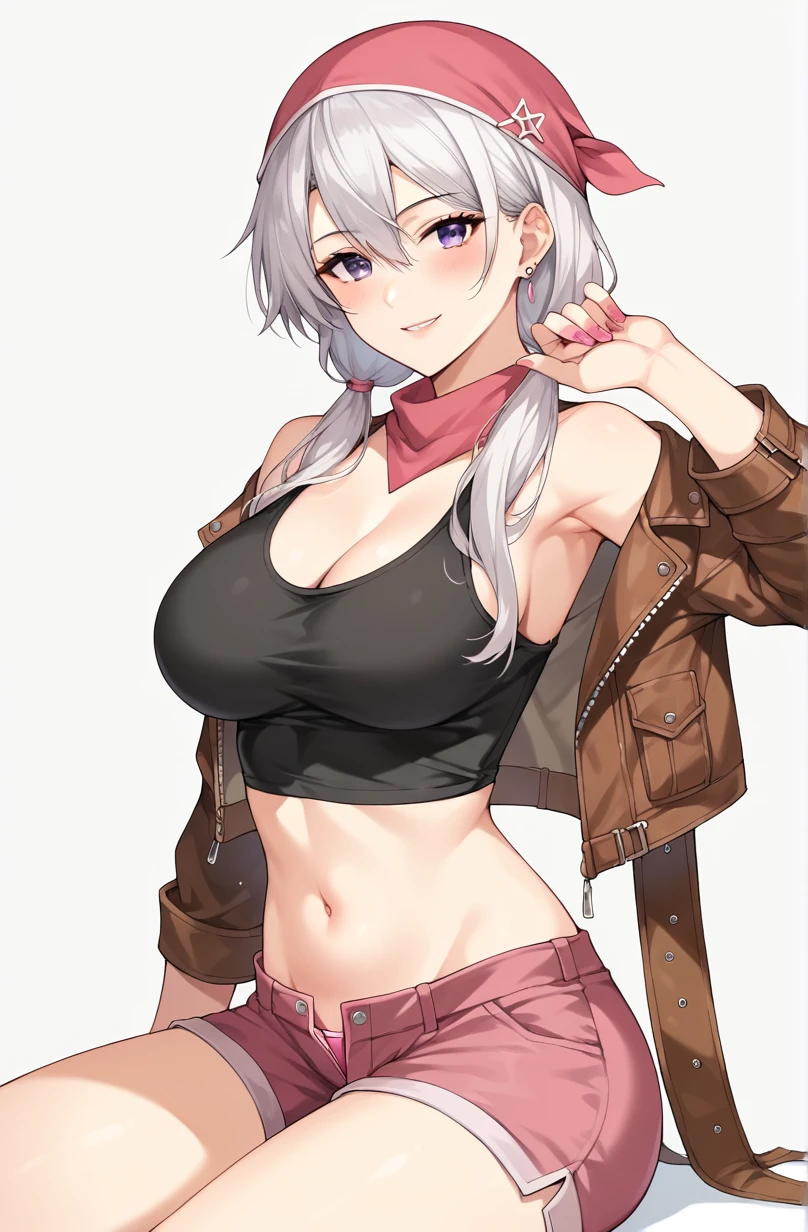 score_9, score_8_up, score_7_up, 1girl, platinum hair, long hair, low twintails, purple eyes, brown skin, bandana, open leather jacket, black tank top, open midriff, belly button, pink shorts, streetwear, painted nails, hand on lips, earrings, sitting, large breasts, cowboy shot, looking at viewer, smile, blush, white background