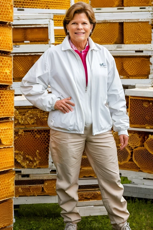jeanne shaheen <lora:senate_057_jeanne_shaheen:0.65> , face closeup, face focus, shirt, formal, suit, collared shirt, white shirt, jacket,
Wearing a beekeeper suit, standing in an apiary with bee hives around, holding a giant honeycomb, "Honey Pot Funds",
best quality, masterpiece, HDR, professional, studio quality, highres,