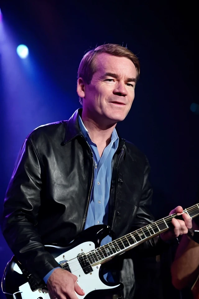 michael bennet <lora:senate_011_michael_bennet:0.65> , face closeup, face focus, shirt, formal, suit, collared shirt, white shirt, jacket,
Senate Rockstar: Dressed in leather pants, a rock band t-shirt, and sunglasses, holding an electric guitar on a stage with flashing lights and a cheering crowd in the background,
best quality, masterpiece, HDR, professional, studio quality, highres,
