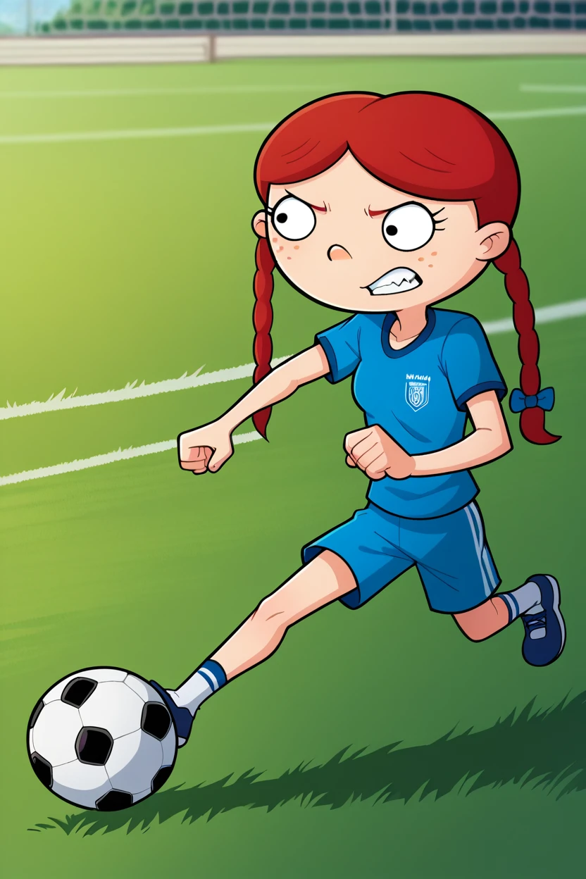 score_9, score_8_up, score_7_up, score_6_up, BREAK lila sawyer,1girl, solo,full body,playing soccer, red hair, long hair, twin braids, black eyes,freckles,soccer ball,soccer uniform, blue t-shirt,blue shorts,red trim, outdoors, grass,soccer field,running,  clenched teeth,  <lora:LilaPony:1>