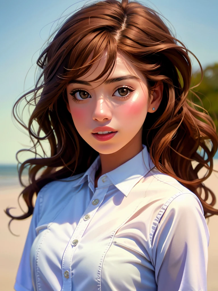 Realistic photo of a beautiful ch14r4b woman,1girl, solo, long hair, looking at viewer, brown hair, brown eyes, upper body, white shirt, parted lips, teeth, lips, realistic, hand on own shoulder, soft lighting, professional Photography, Photorealistic, detailed, RAW, analog, sharp focus, 8k, HD, DSLR, high quality, Fujifilm XT3, film grain, award winning, masterpiece<lora:ch14r4b:1.0>