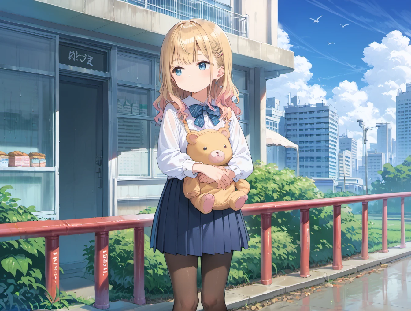 score_9, score_8_up, score_7_up,source_anime,BREAK uncensored,1girl,solo,gyaru, animal, bird, blonde hair, blue eyes, blue skirt, building, cityscape, cloudy sky, dress, expressionless, grass, holding, holding stuffed toy, long hair, long sleeves, looking away, outdoors, pantyhose, pleated skirt, railing, rain, skirt, standing, sundress