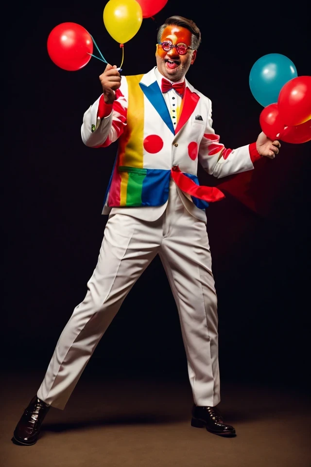 gary peters <lora:senate_044_gary_peters:0.65>, face closeup, face focus, shirt, formal, suit, collared shirt, white shirt, jacket,
Dressed in full clown regalia, with a red nose, oversized shoes, and rainbow suspenders, juggling several large balls,
best quality, masterpiece, HDR, professional, studio quality, highres,