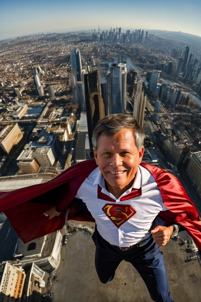 steve daines <lora:senate_052_steve_daines:0.65> , face closeup, face focus, shirt, formal, suit, collared shirt, white shirt, jacket,
Wearing a superhero costume with a giant "S" on the chest, flying above a city skyline with a cape flowing behind them,
best quality, masterpiece, HDR, professional, studio quality, highres,