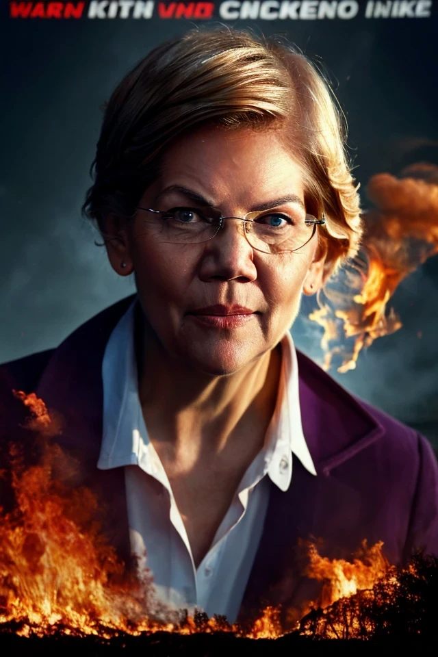 elizabeth warren <lora:senate_041_elizabeth_warren:0.65> face closeup, face focus, shirt, formal, suit, collared shirt, white shirt, jacket,
explossion in the background, fire and smoke, movie poster,
best quality, masterpiece, HDR, professional, studio quality, highres,