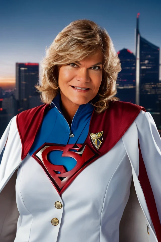 cynthia lummis <lora:senate_100_cynthia_lummis:0.65> , face closeup, face focus, shirt, formal, suit, collared shirt, white shirt, jacket,
Wearing a superhero costume with a giant "S" on the chest, flying above a city skyline with a cape flowing behind them,
best quality, masterpiece, HDR, professional, studio quality, highres,